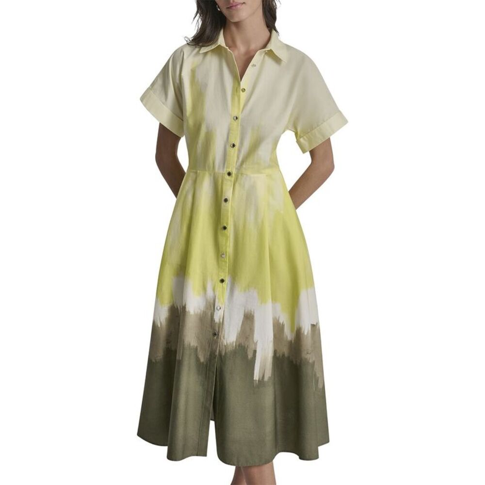 Dkny Womens  Printed Extended Sleeve Button-Down Dress, Brown